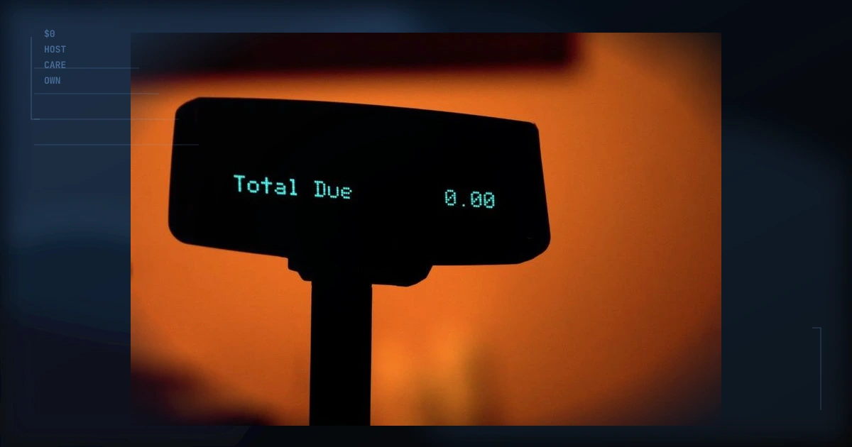 Point-of-sale display reading total due zero, suggesting no monthly hosting bill